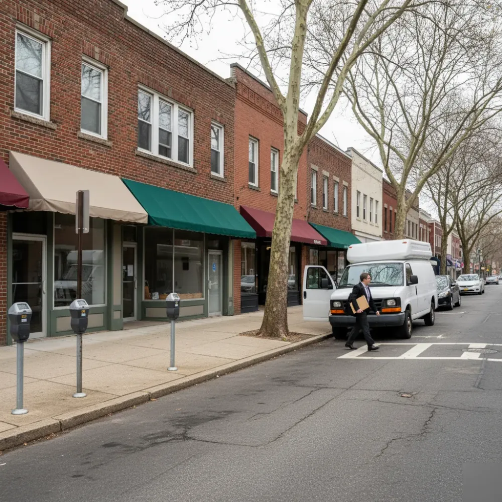 Bookkeeper walking toward a Teaneck NJ storefront office for a QuickBooks cleanup service visit.