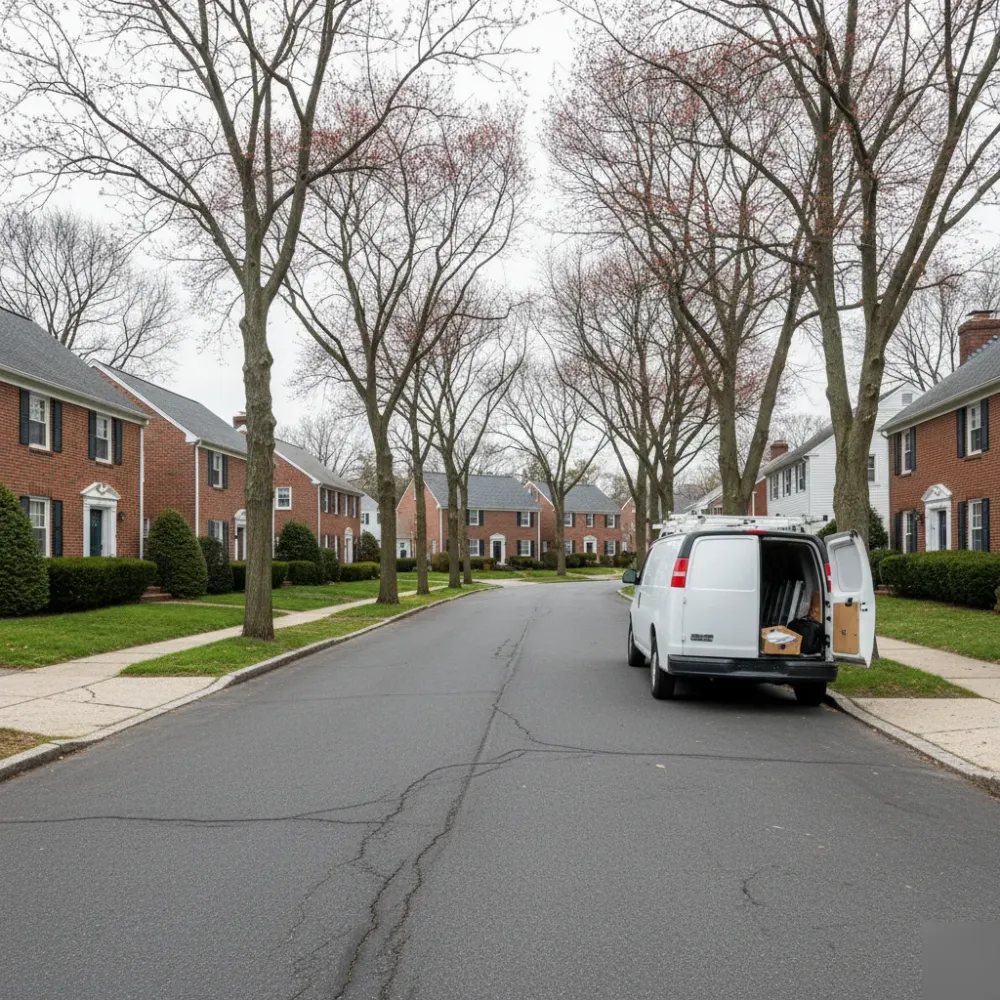 Teaneck NJ street near Caldwell University with service van for QuickBooks cleanup services.