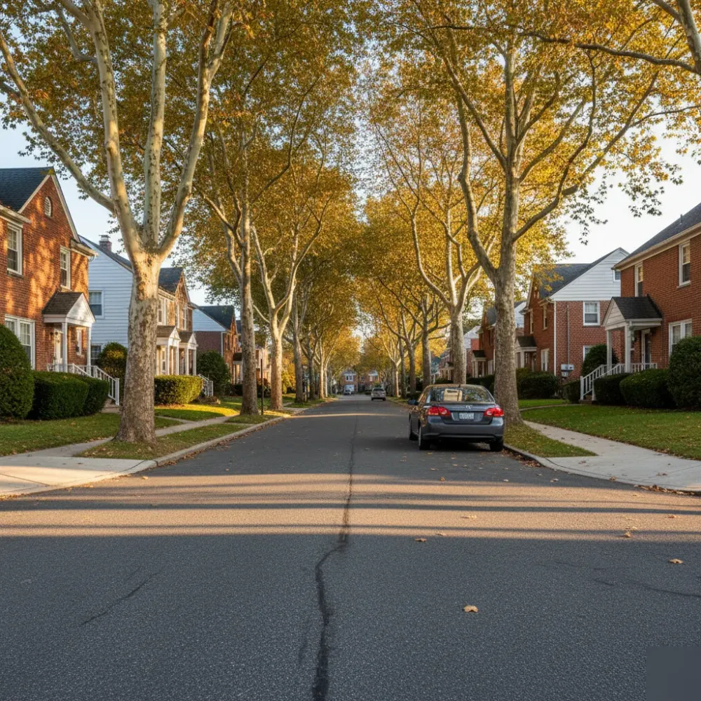 Tree-lined Teaneck, New Jersey residential street near Congregation Ohr Torah with a parked car and brick homes.