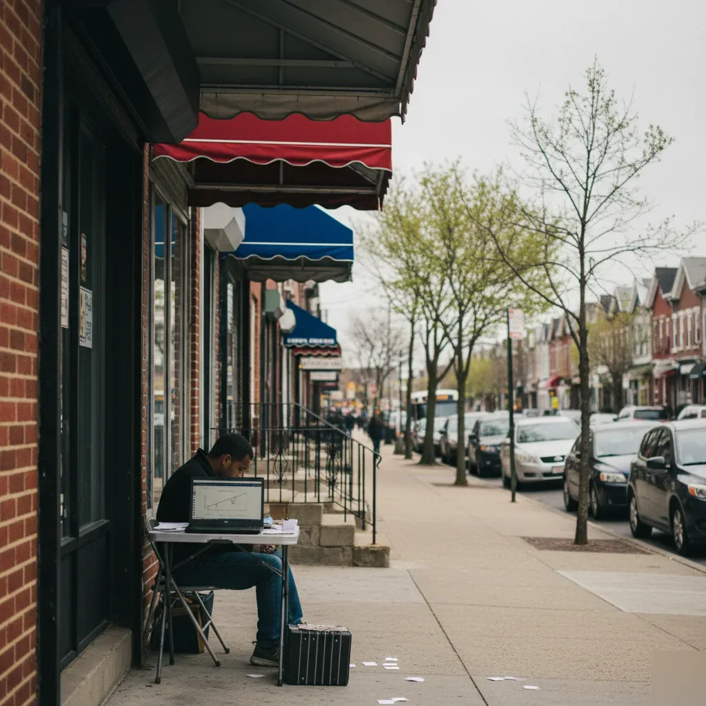 Person reviewing QuickBooks financial records on a laptop outside a brick storefront on a Union City, NJ commercial street.