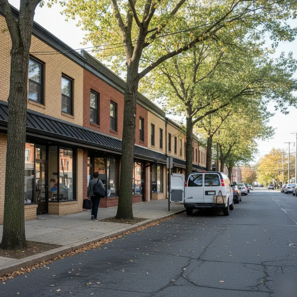 Bookkeeper walking toward a Cedar Knolls office building near Morristown NJ for a QuickBooks cleanup visit.