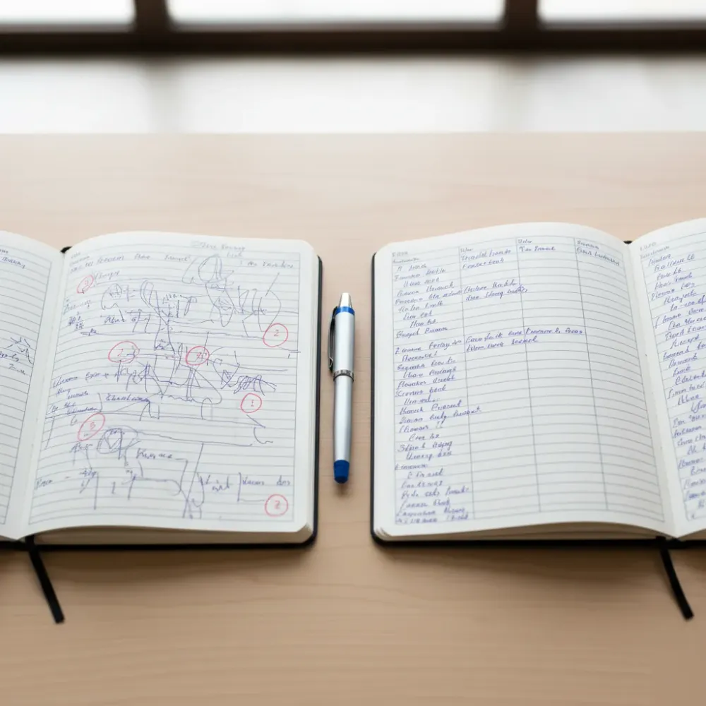 Two notebooks side by side show messy crossed-out financial entries next to a clean, organized ledger page.