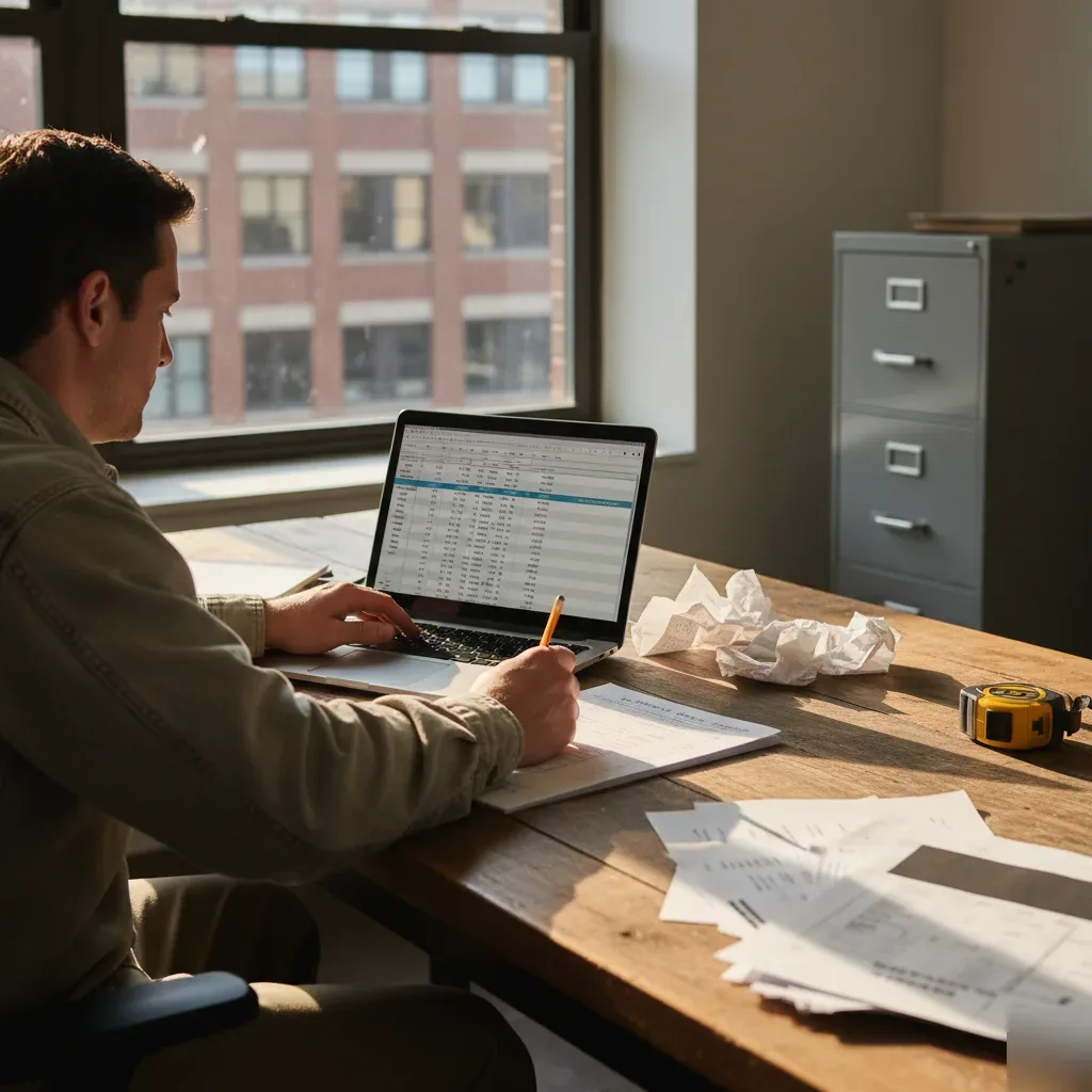 Contractor reviews job cost invoices and a laptop spreadsheet at a cluttered wooden desk near a brick office window in