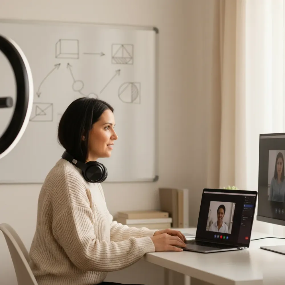 Person with headphones around their neck sits at a dual-monitor home office setup during a video call with a client.