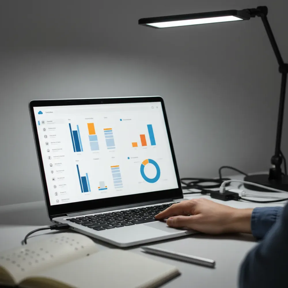 Laptop screen displays a cloud accounting dashboard with transaction columns, a client list sidebar, and a small financial