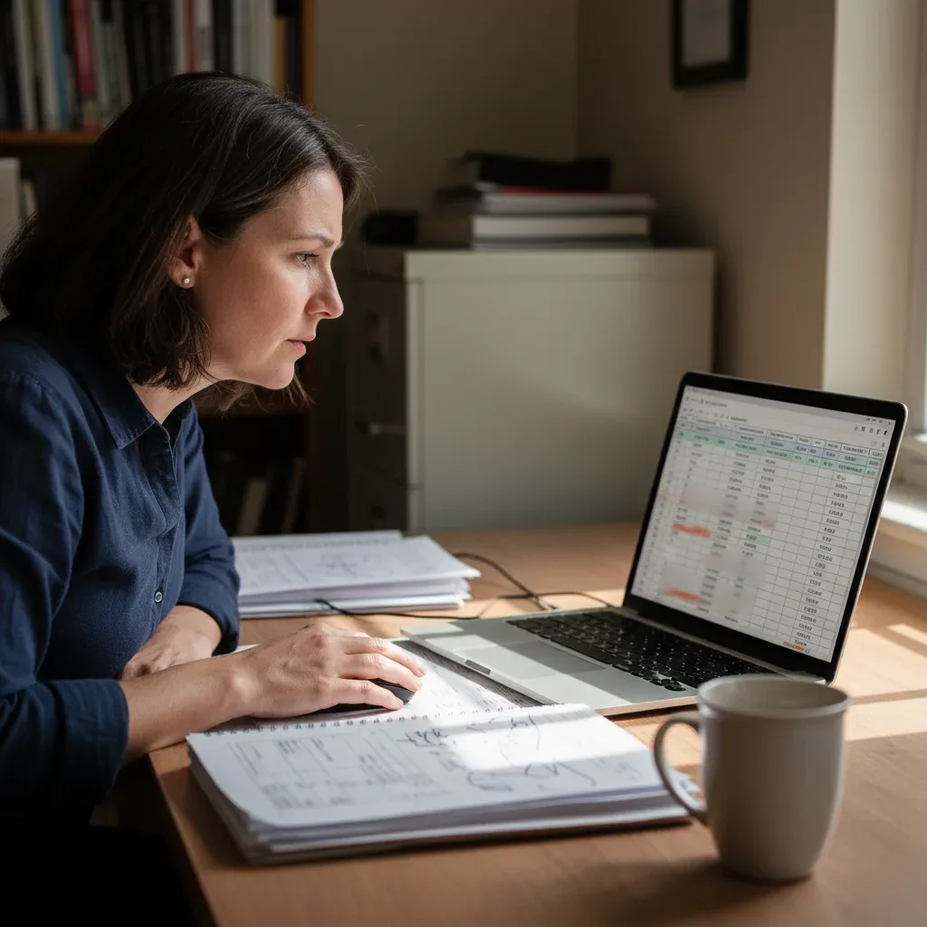 Small business owner reviews overdue invoices and payment spreadsheets on a laptop at an office desk in Teaneck.
