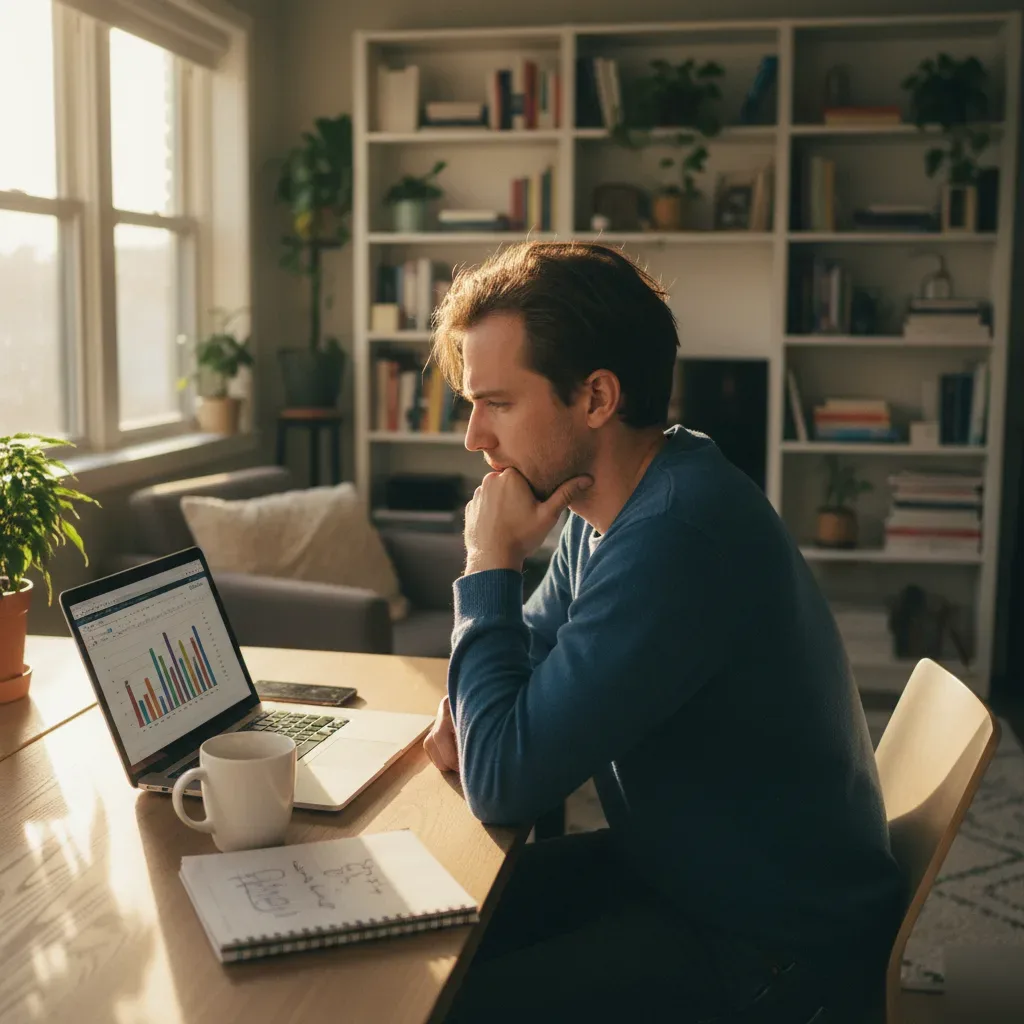Person sits at a home desk reviewing spreadsheets on a laptop, surrounded by handwritten financial notes in natural window