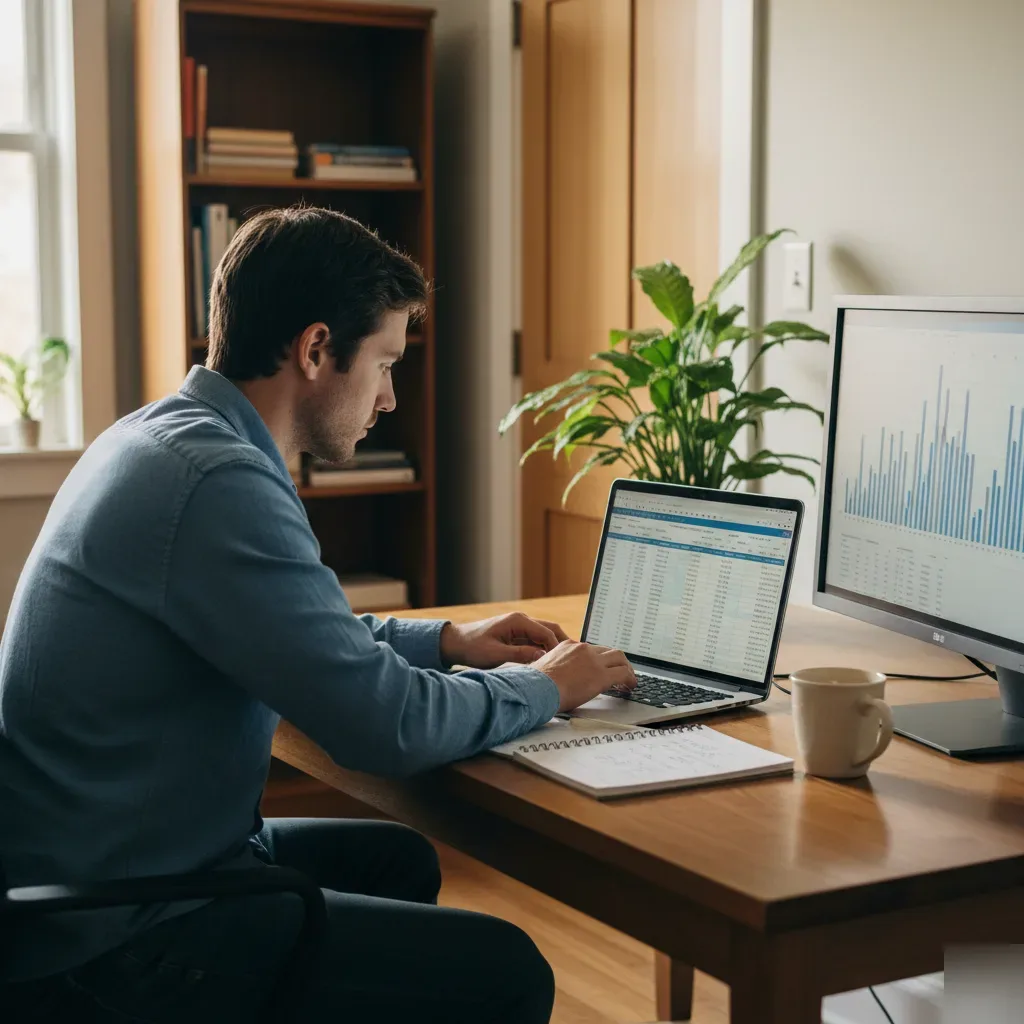 A person reviewing financial spreadsheets on a laptop at a home office desk with natural window light.