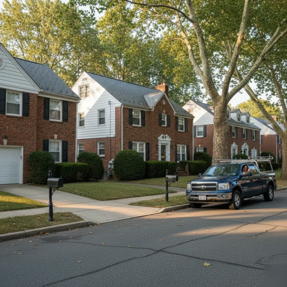 Teaneck NJ street with contractor truck parked near brick Colonial homes for remote bookkeeping services.
