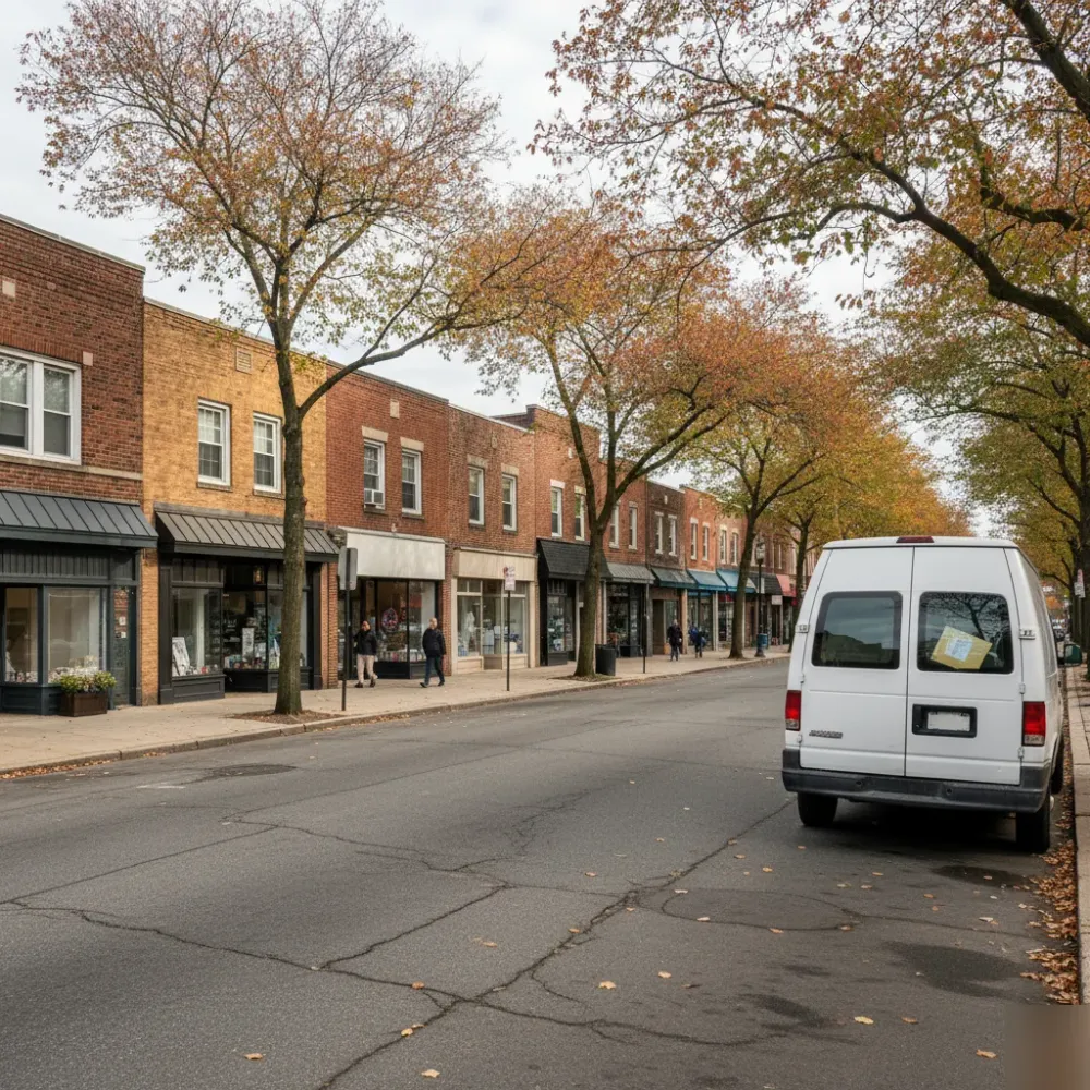 Teaneck NJ commercial street with cargo van parked near Newark Airport area bookkeeping service zone.