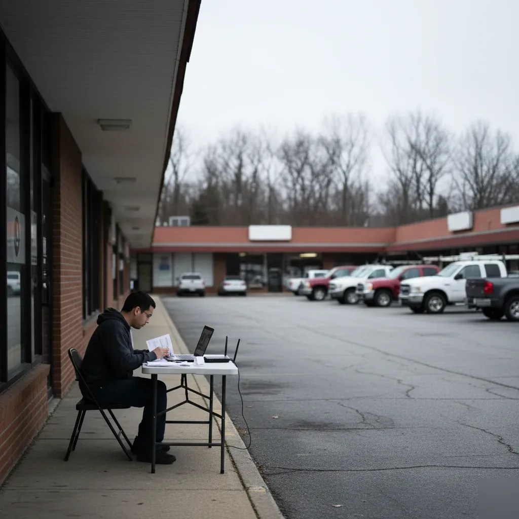 Remote bookkeeping work session outside a NJ-23 corridor strip mall in Teaneck area, New Jersey.