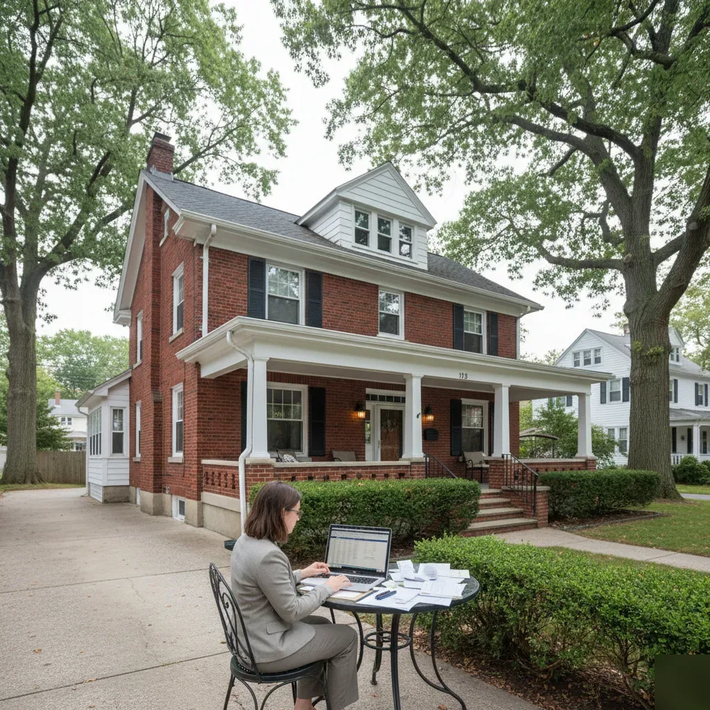 Person doing remote bookkeeping on a laptop at a pre-1950 Colonial brick home in Teaneck, NJ.