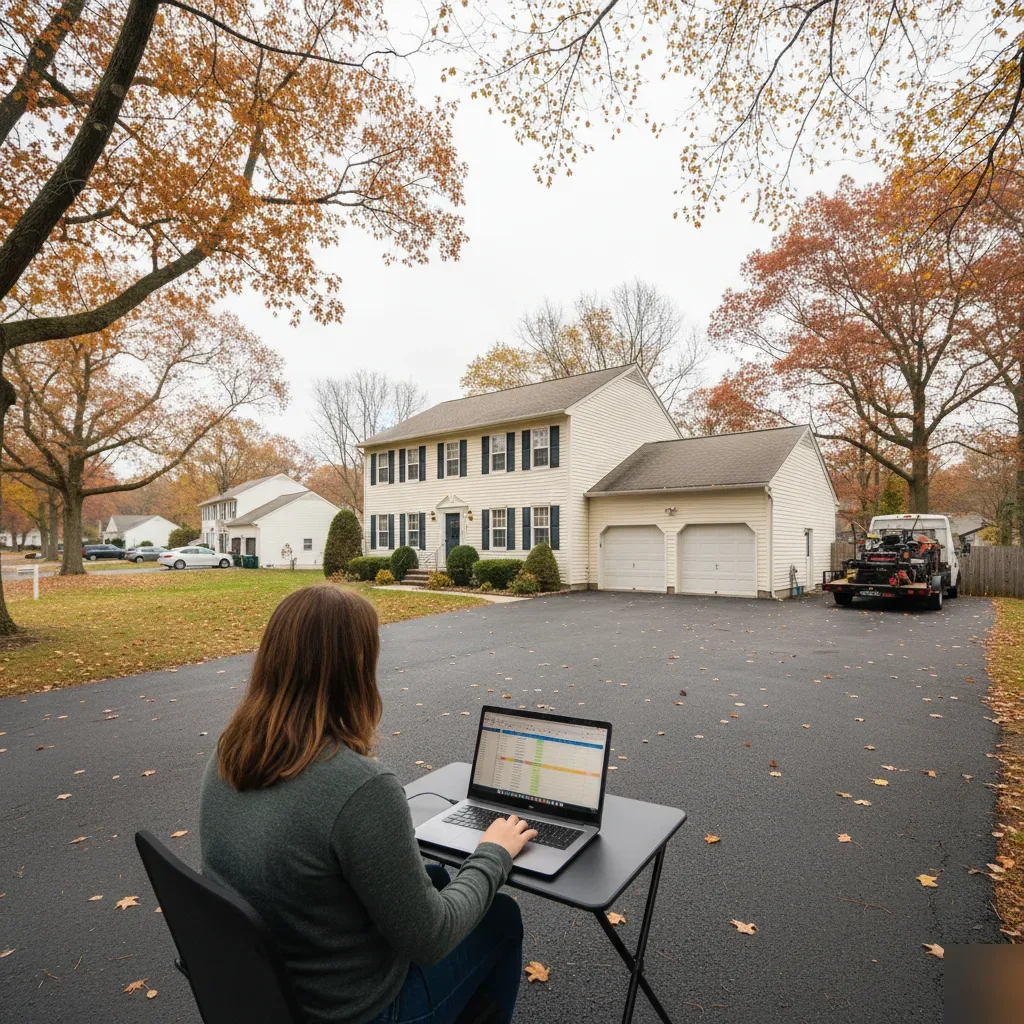 Remote bookkeeping services provider working on a laptop outside a colonial-style home in Lake Hiawatha, Montville, NJ.