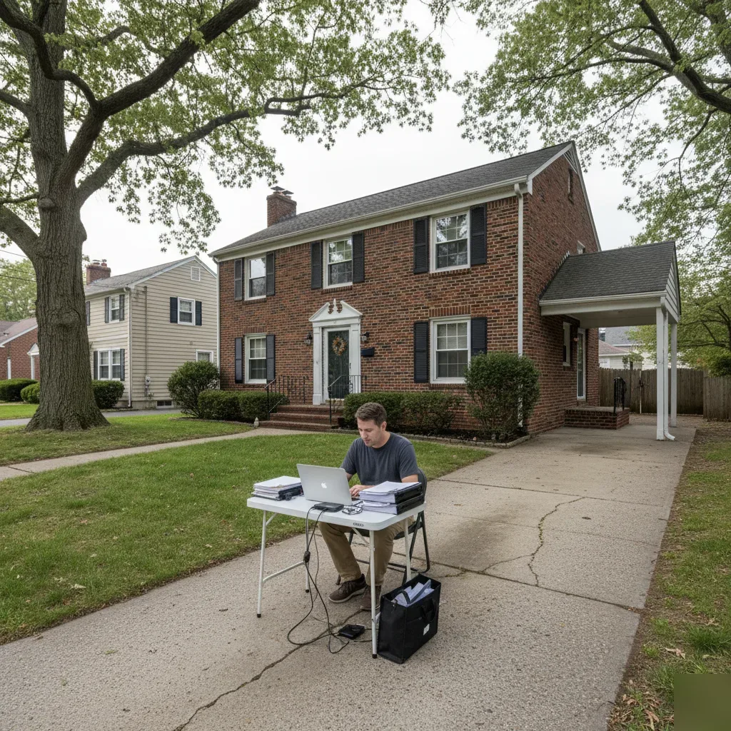 Remote bookkeeping services being performed outside a brick Colonial home in Teaneck, New Jersey.
