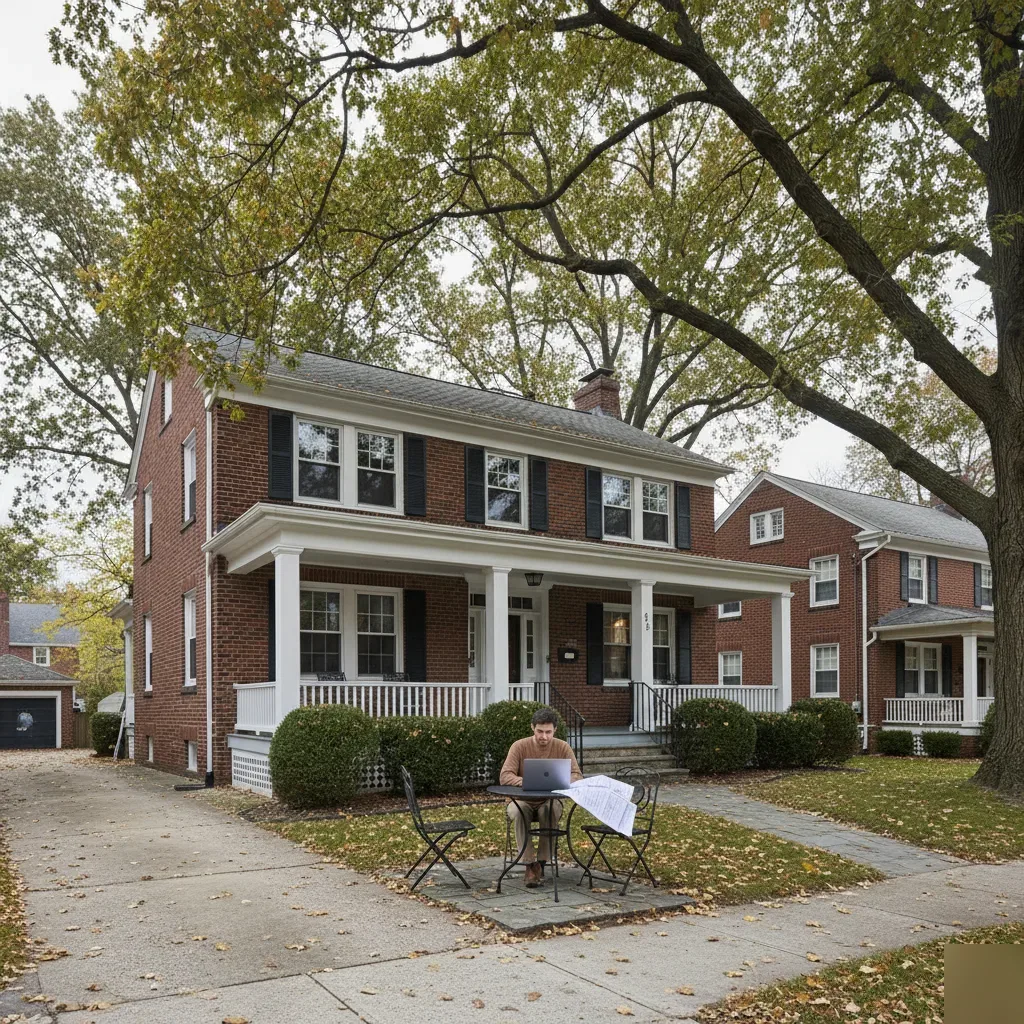 Person reviewing bookkeeping records on a laptop outside a brick Colonial home in Teaneck, NJ.