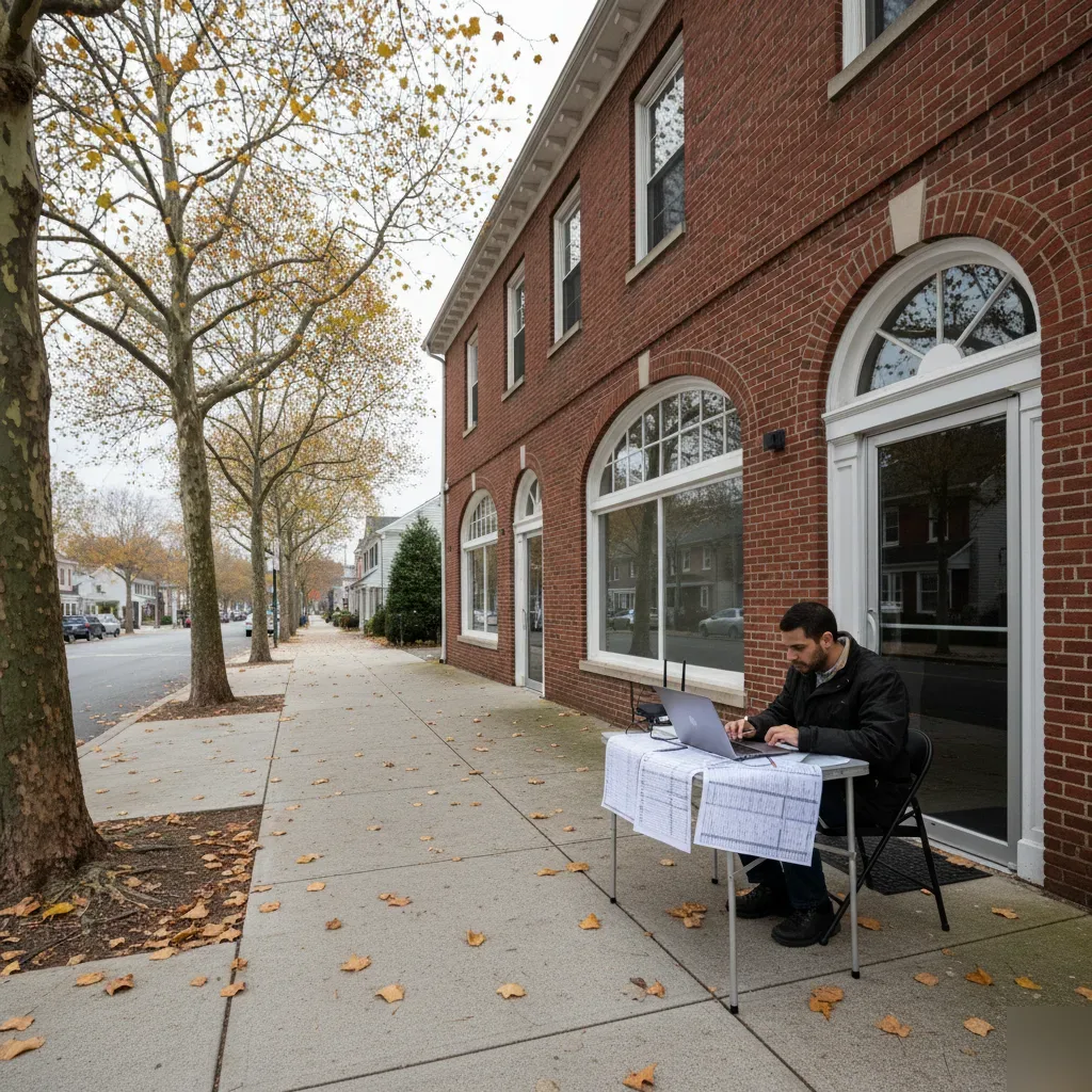 Person doing remote bookkeeping outside a brick Colonial commercial building on a tree-lined Teaneck, NJ street.