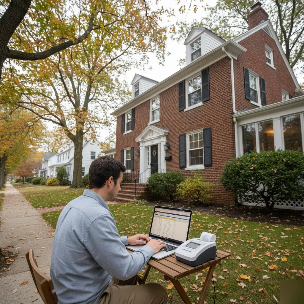 Remote bookkeeping services being performed outside a brick Colonial home on a tree-lined street in Teaneck, NJ.