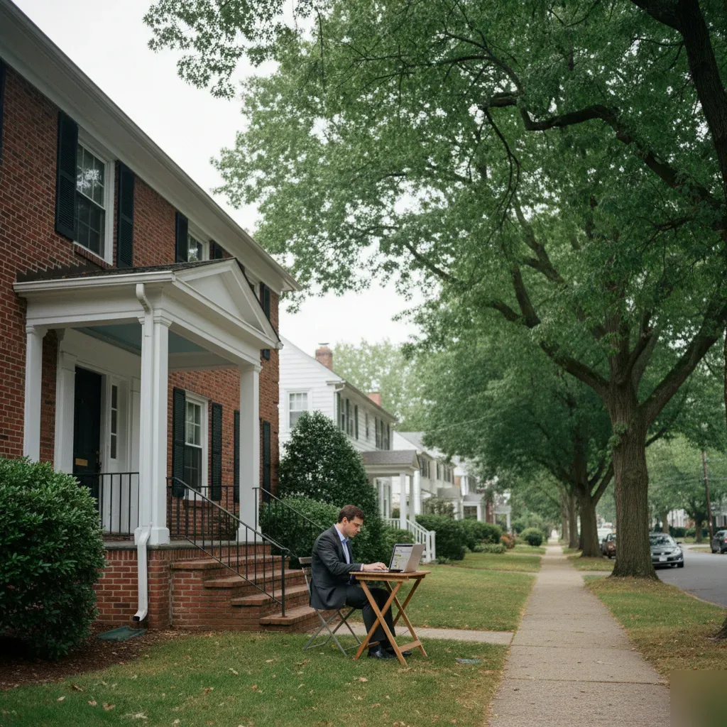 Remote bookkeeping work on a laptop outside a brick colonial home on a Teaneck, NJ residential street.