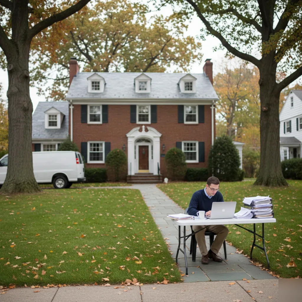 Remote bookkeeping services being performed outside a Colonial home on a tree-lined street in Teaneck, New Jersey.