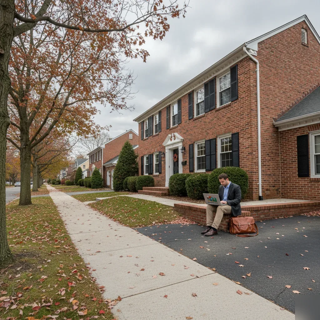 Remote bookkeeping services provider working on a laptop outside a Colonial-style home in Teaneck, NJ.