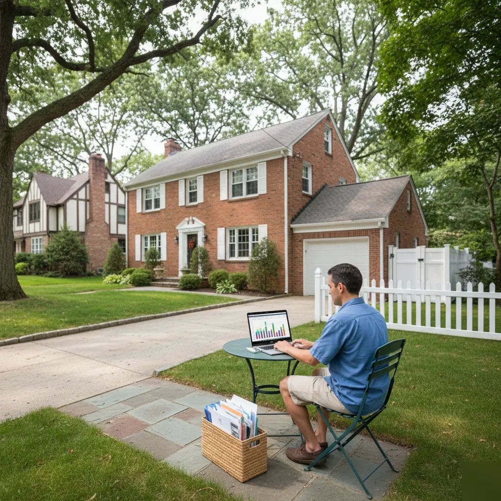 Person doing remote bookkeeping work outside a Colonial brick home on a tree-lined Teaneck, NJ street.