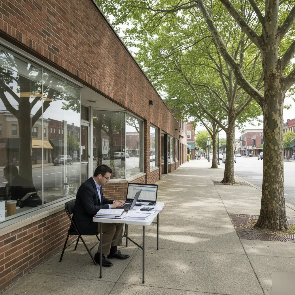 Person doing remote bookkeeping work on a laptop outside a brick commercial building in Teaneck, NJ.