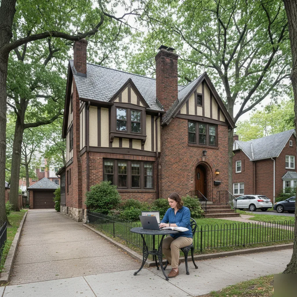 Person reviews bookkeeping ledgers on a laptop outside a Tudor-revival brick home in Teaneck, New Jersey.
