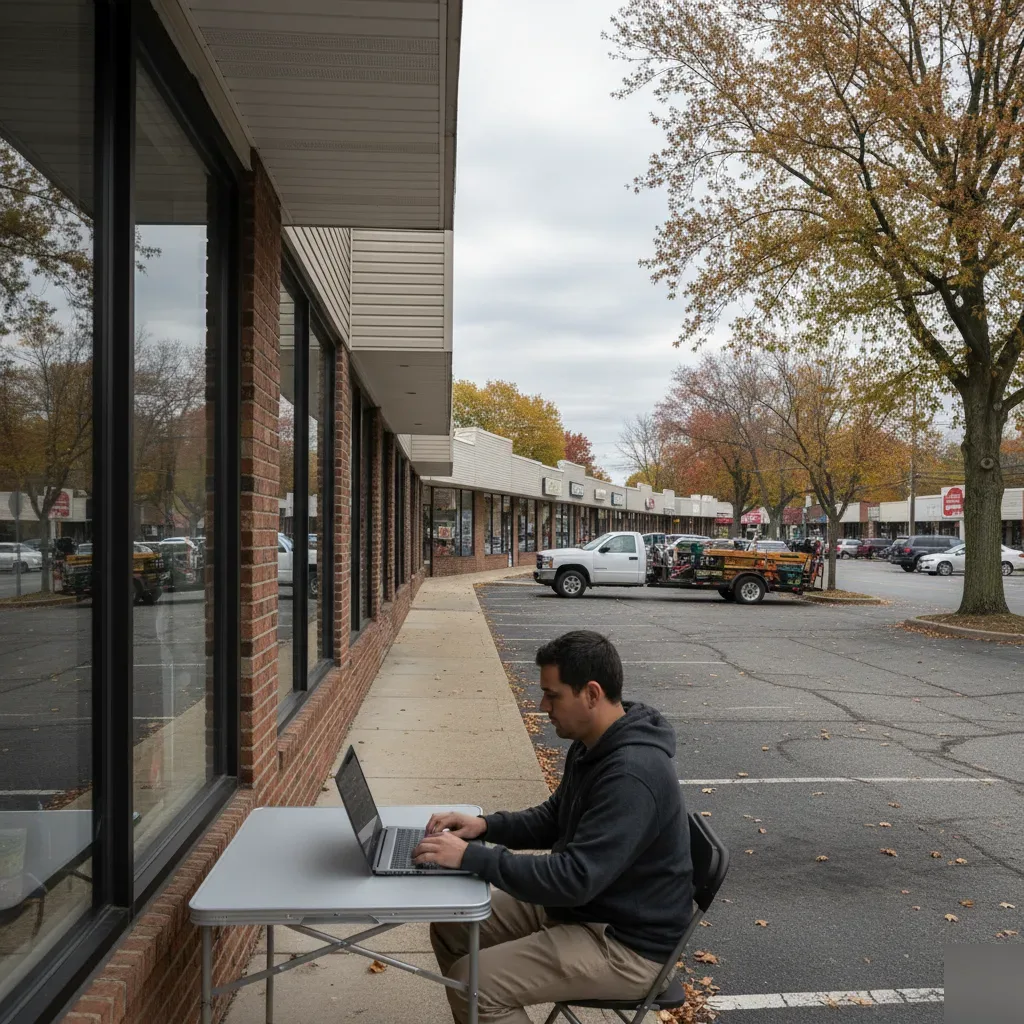 Remote bookkeeping services provider working on a laptop outside a Valley Road commercial strip in Wayne, NJ near Teaneck.