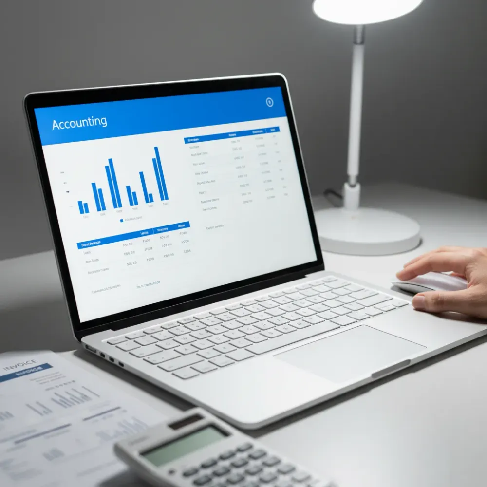 Hand on a wireless mouse beside a laptop showing a bookkeeping software dashboard with charts and ledger columns.