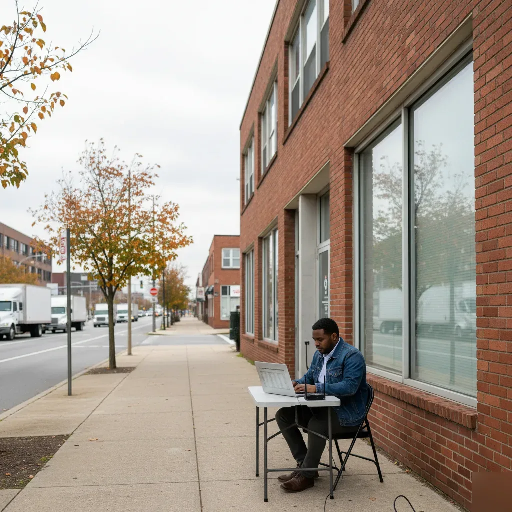 Remote bookkeeping work outside a brick commercial building near South Newark NJ airport industrial corridor.
