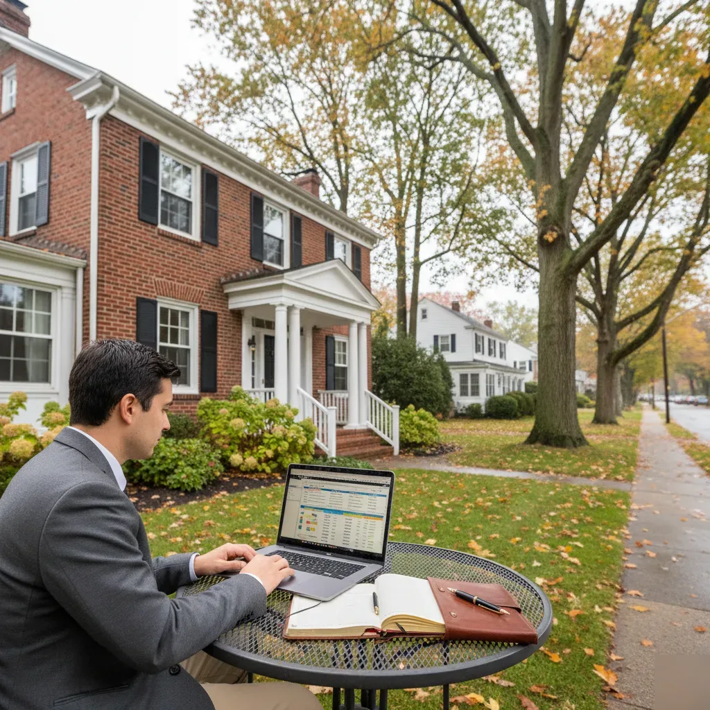 Remote bookkeeping service being performed on the porch of a brick Colonial home in Teaneck, New Jersey.