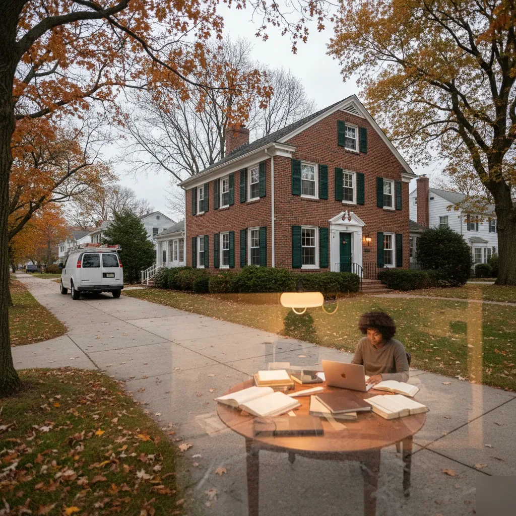 Remote bookkeeping work visible through the window of a brick Colonial home on a tree-lined Teaneck, NJ street.
