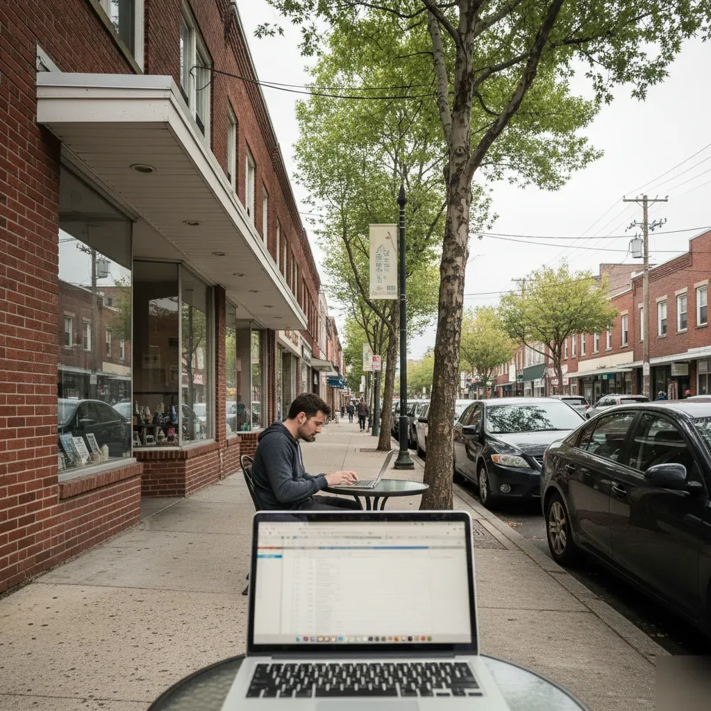 Remote bookkeeping work on a laptop along a brick commercial street in Teaneck, New Jersey.