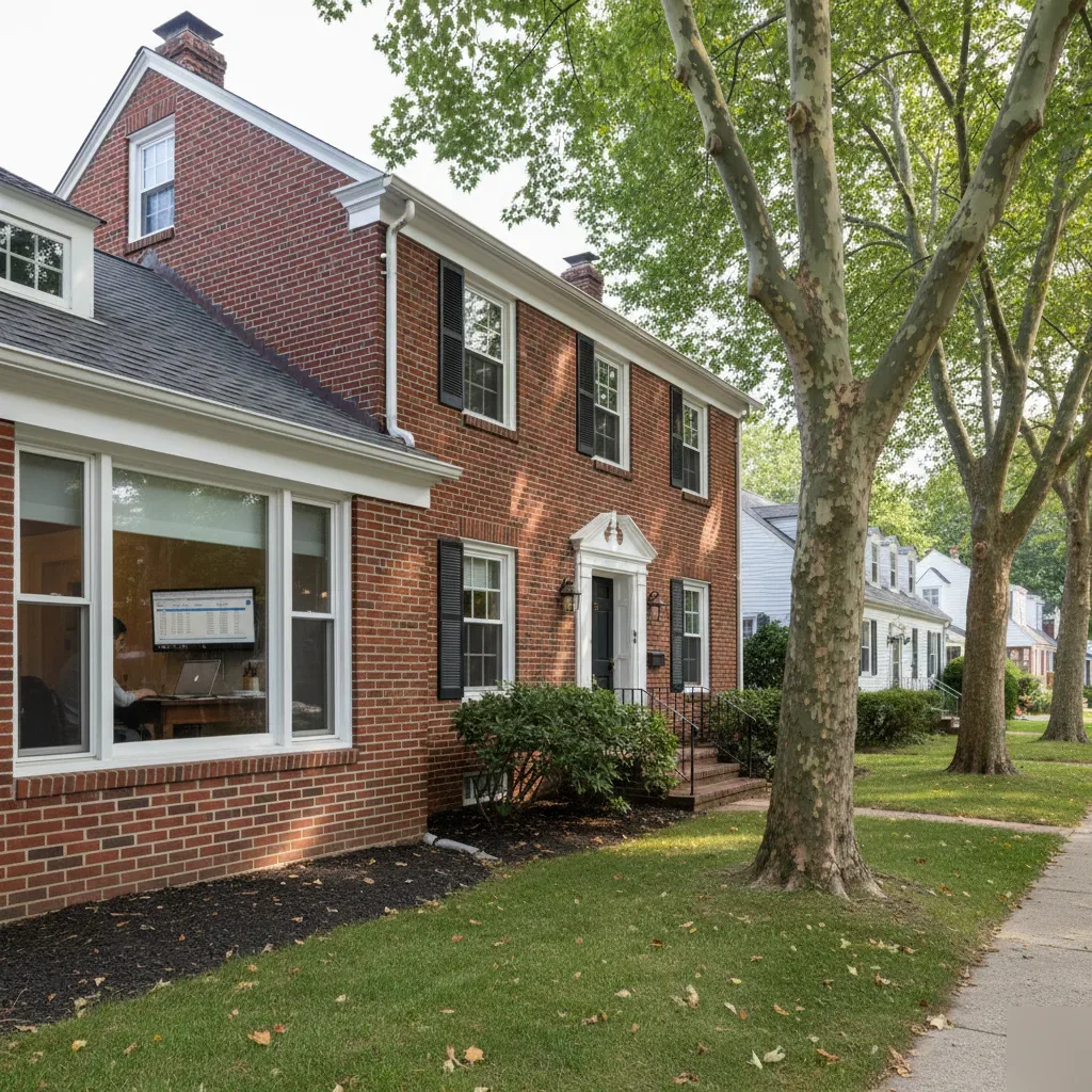 Remote bookkeeping work visible through a window of a brick Colonial home in Teaneck, New Jersey near Livingston Senior