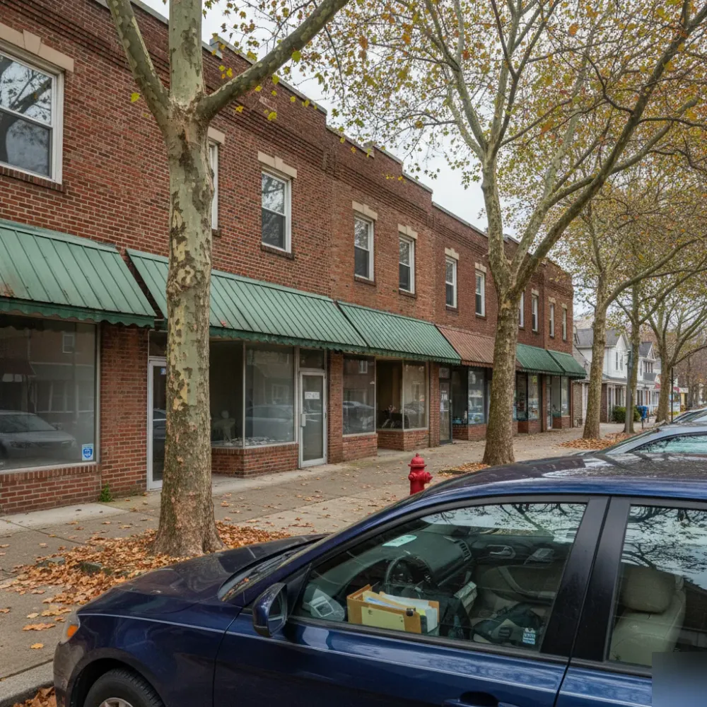 Teaneck NJ brick commercial streetscape with parked car carrying remote bookkeeping materials on a typical block.