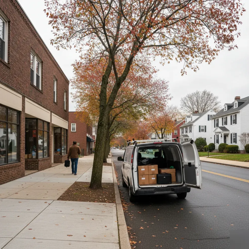 Person with a laptop bag walks toward a brick storefront on a tree-lined Teaneck, NJ commercial street.