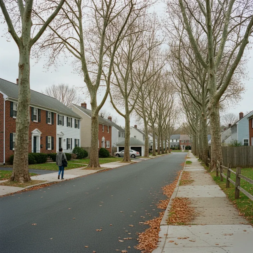 Bookkeeping professional walking toward a brick home on a tree-lined Teaneck, New Jersey residential street.