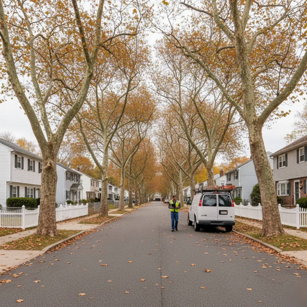 Teaneck New Jersey residential street with work van and split-level homes for remote bookkeeping context.