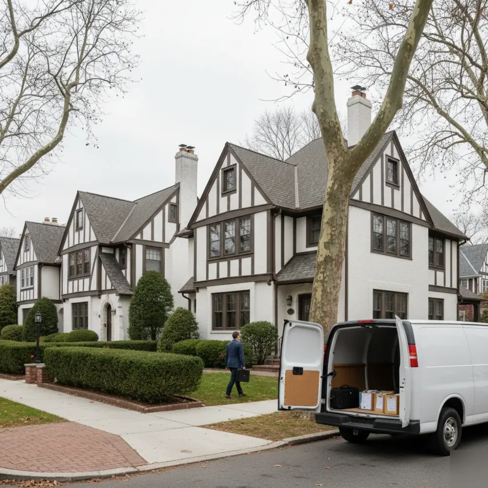 Cargo van parked on a Tudor-style residential street in Teaneck, NJ, with bookkeeping documents visible at the rear.
