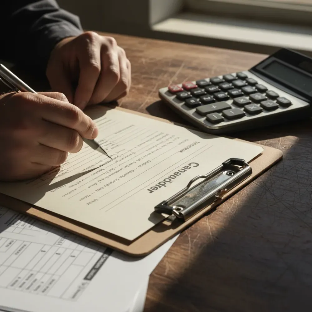 Hands annotating a change order form on a contractor clipboard with a mechanical pencil, a calculator resting alongside on a