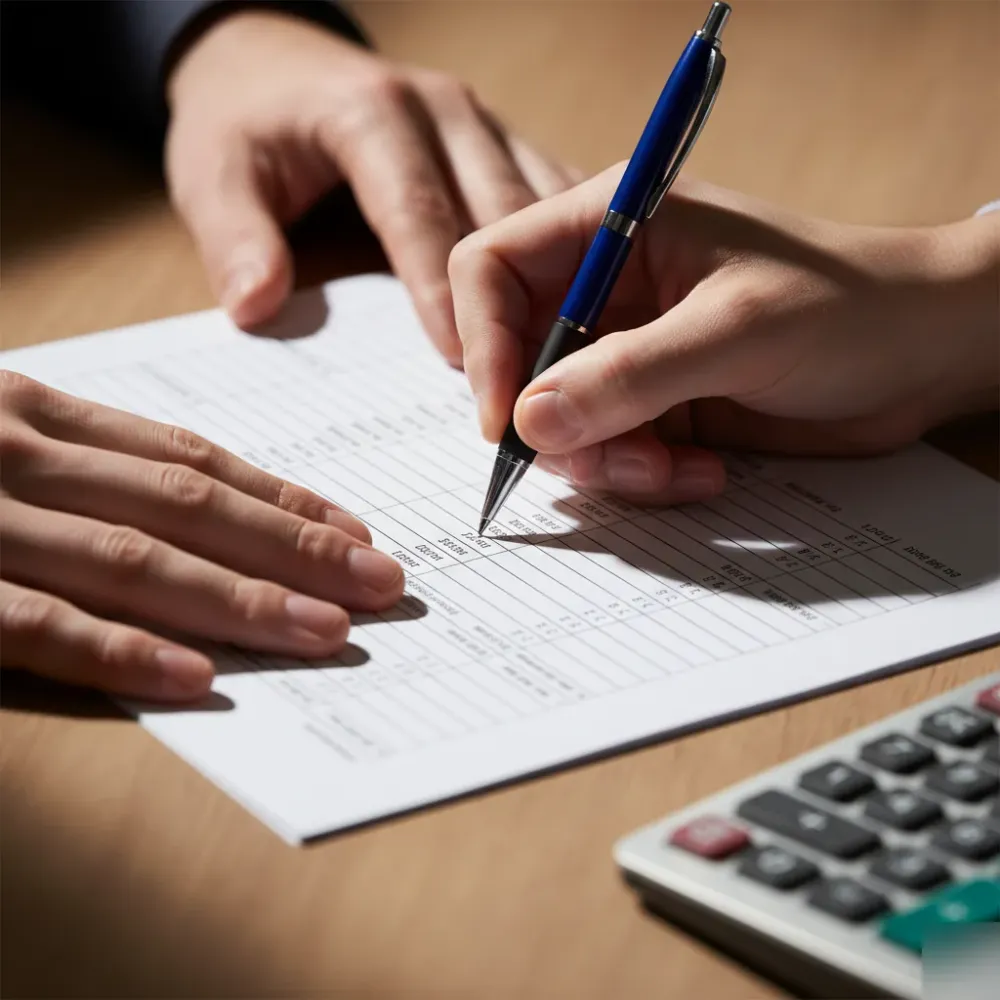 Hands annotating a printed NJ sales tax worksheet with a pen beside a silver calculator.