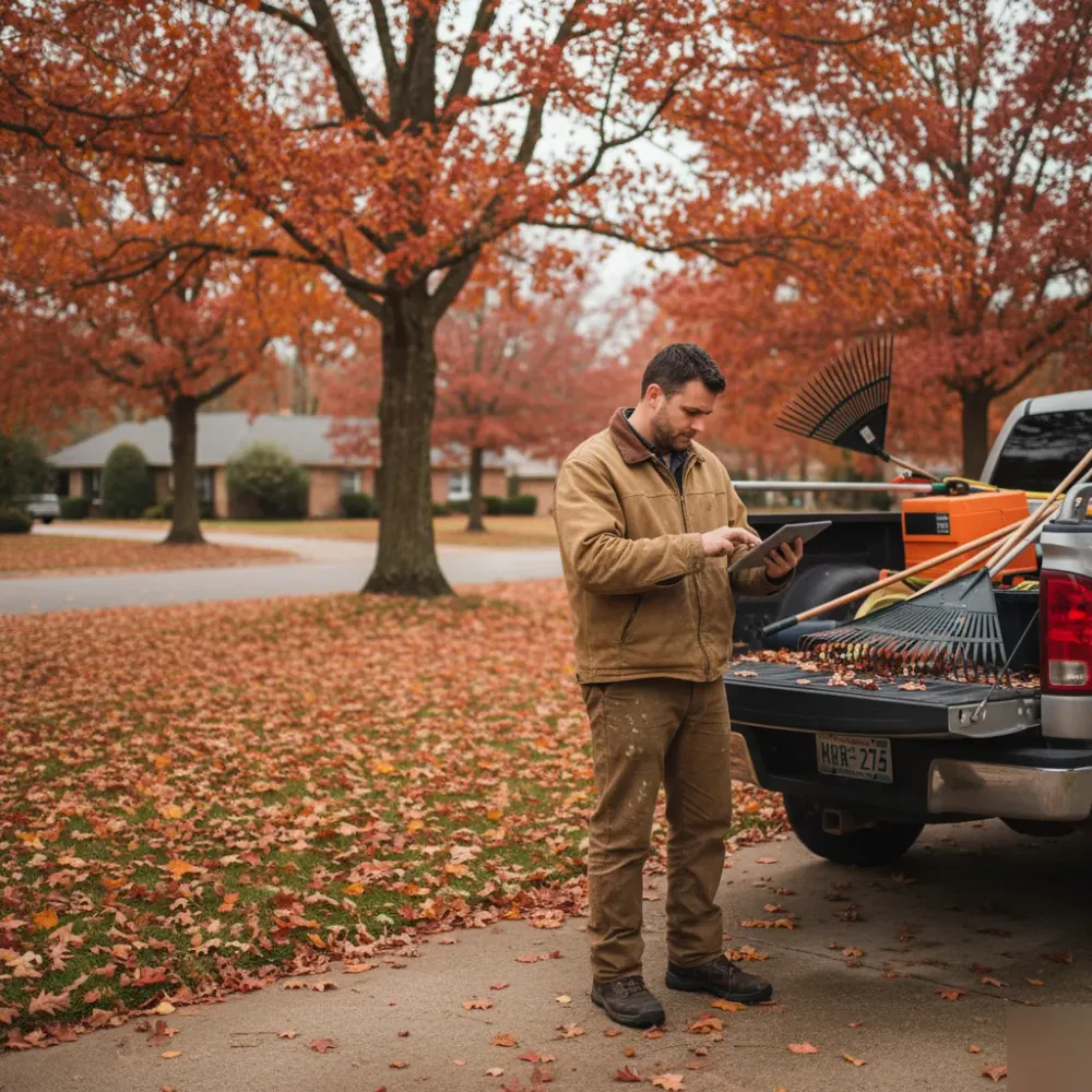 Landscaper checking a cash flow chart on a tablet beside a truck during fall cleanup in Teaneck.