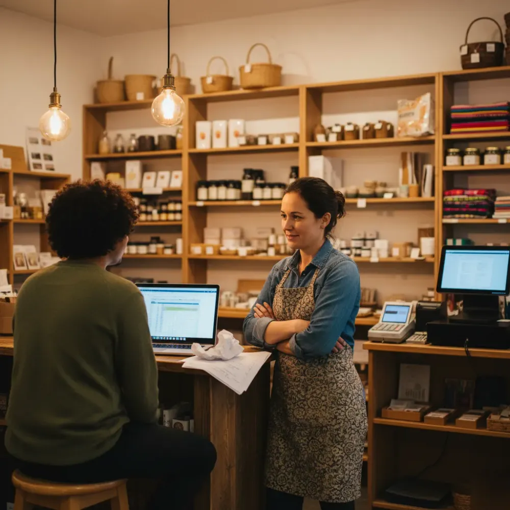 Two people review a financial printout together at a small retail shop counter with a laptop open between them.