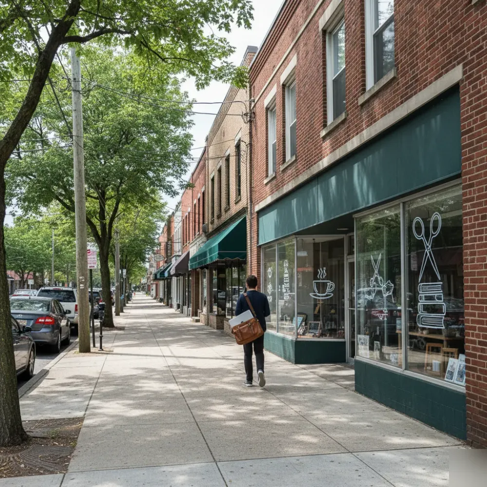 Small business bookkeeping provider walking toward a brick storefront on a Teaneck, NJ commercial street.