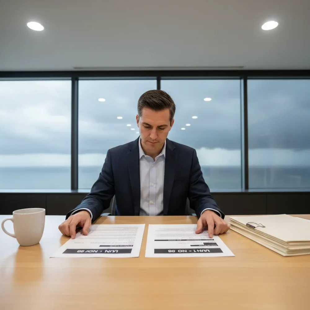Person seated at a tidy desk compares two printed financial reports beneath recessed office lighting with an overcast sky