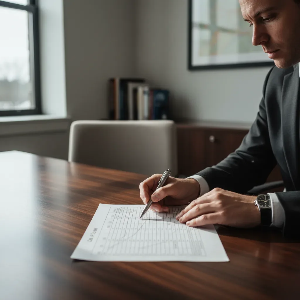 Financial advisor points to a printed cash flow chart on a walnut desk during a strategic planning session in Teaneck.