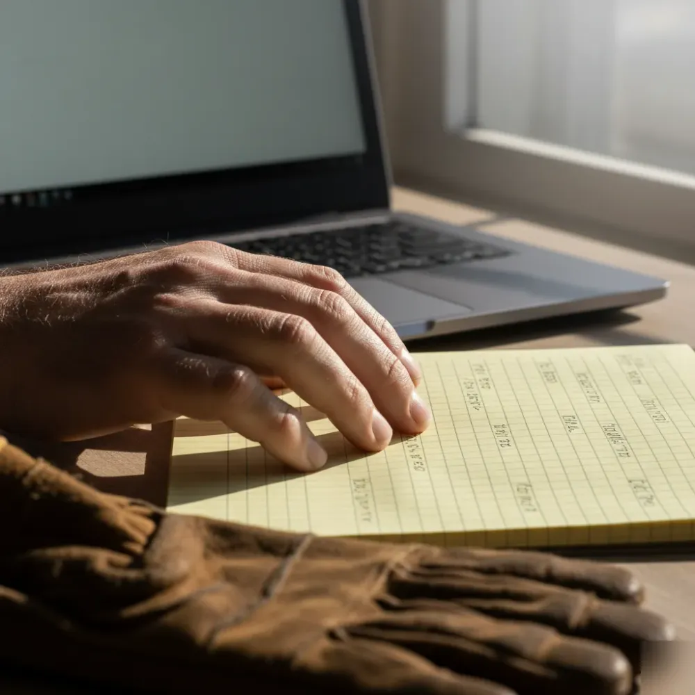 Calloused hands navigate a laptop trackpad beside a handwritten subcontractor payment ledger on yellow ruled paper.