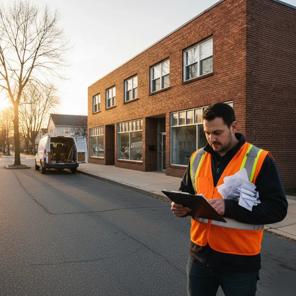 Contractor in a high-visibility vest reviews a clipboard outside a brick commercial building in Teaneck during late