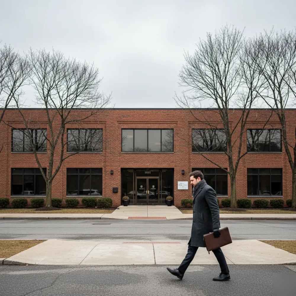 Person in a dark overcoat walks toward a brick professional office building on a bare-treed Teaneck street in winter.