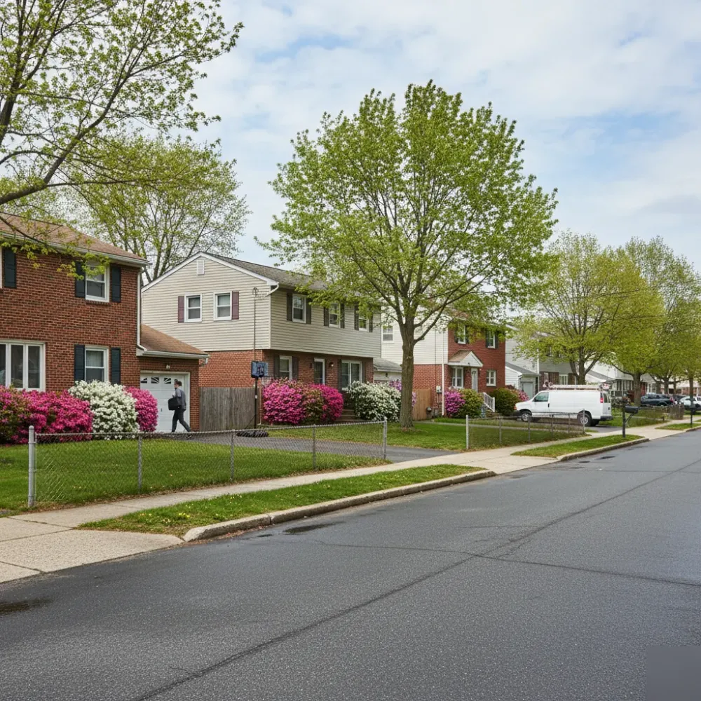 Tree-lined Teaneck, NJ residential street near Wayne Public Library with contractor van parked at the curb.